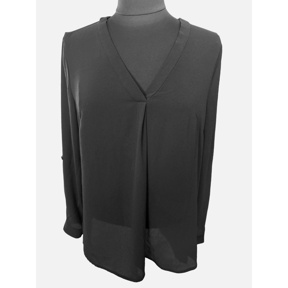 d n a Couture Black Sheer Top With Roll Tab Sleeves, Size Large